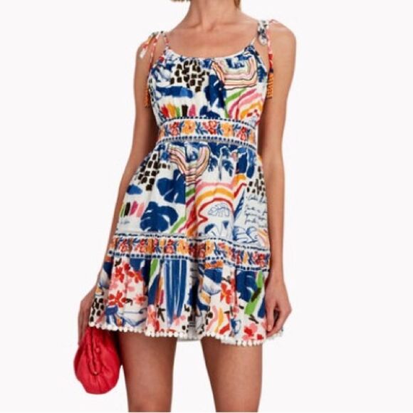 FARM Rio Dresses & Skirts - NEW FARM Rio Blue Wild Brazil Mini Dress Beaded Tassel Tie Shoulder Tropical XL